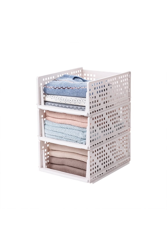 Folding and Stackable Storage Plastic Shelf in White Set of 4