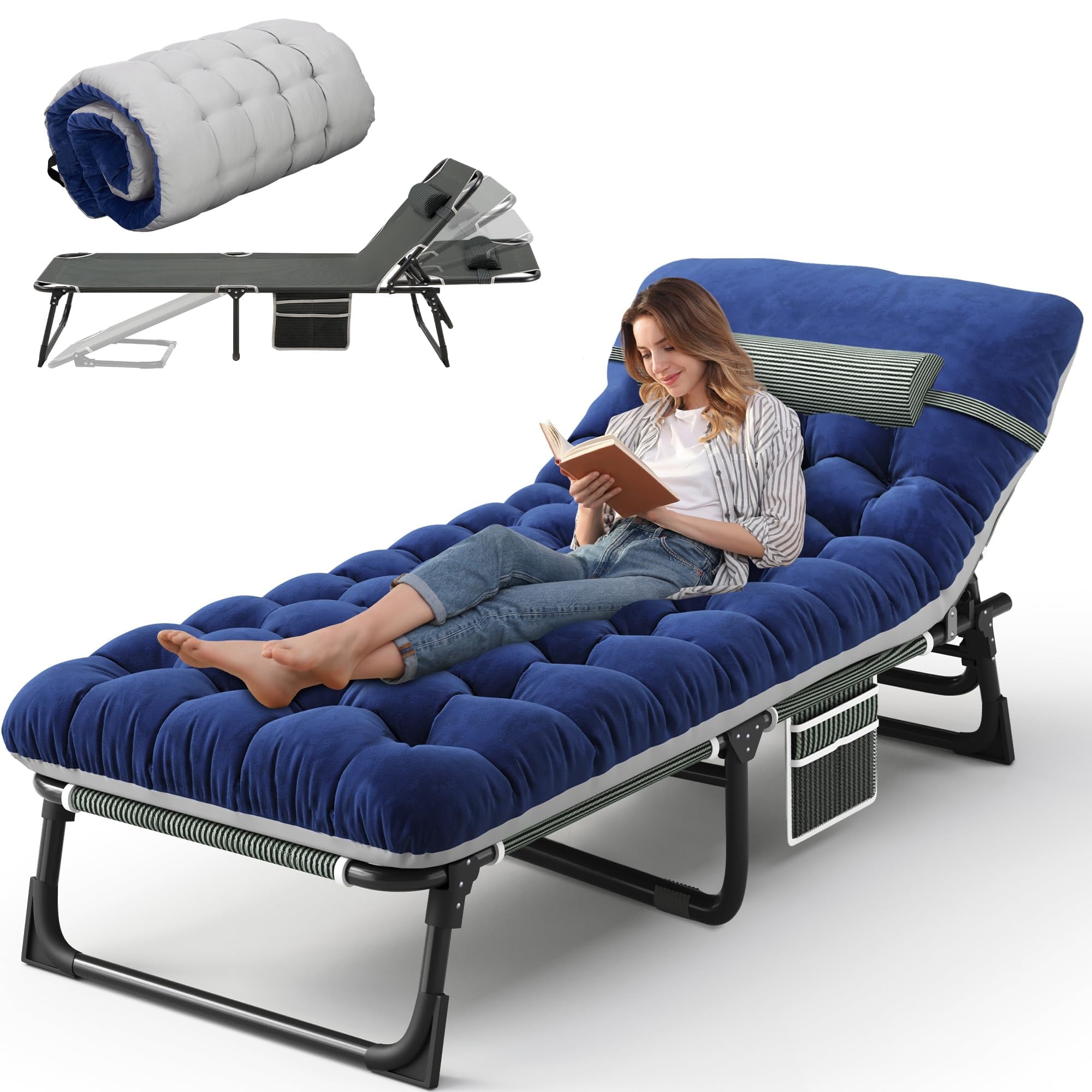 PUCACHI Adjustable Folding Camping Bed with Pillow & Mattress - Portable Sun Lounger for Pool, Beach, Patio - Heavy Duty 330lbs Oxford Fabric Recliner (Space Gray)