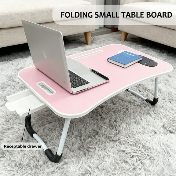 Folding laptop table, 23.6-inch portable bed tray table with 2 USB ports/slots/cup holders/drawers, non-slip, suitable for work, reading, writing, eating, sleeping, sofa, sofa, floor, pink.