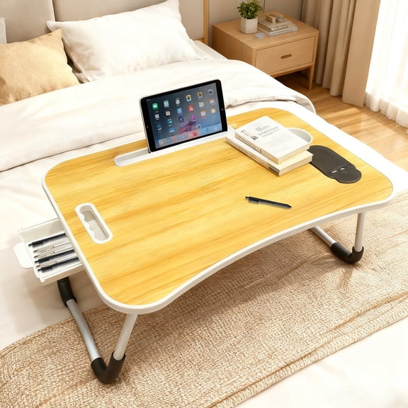 Folding Laptop Table - 23.6" Portable Bed Tray with USB Ports, Cup Holders, Non-Slip (Yellow)