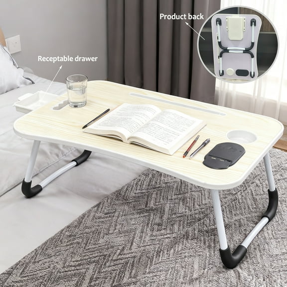 Folding laptop table, 23.6-inch portable bed tray table with 2 USB ports/slots/cup holders/drawers, non-slip, suitable for work, reading, writing, eating, sleeping, sofa, sofa, floor, white.