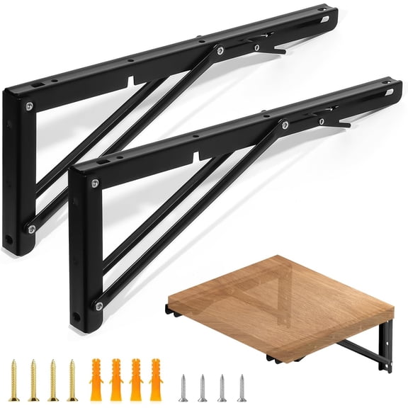 Folding shelf bracket - 14-inch 2-pack heavy-duty stainless steel foldable triangular shelf bracket, wall-mounted folding table hinge, space-saving bench table with screws