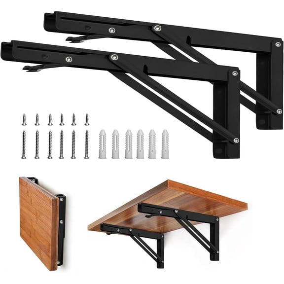 Folding shelf bracket - 16-inch heavy-duty metal foldable shelf bracket, suitable for benches, tables, wall-mounted space-saving bracket, maximum load capacity: 150 pounds 2 pieces (black)