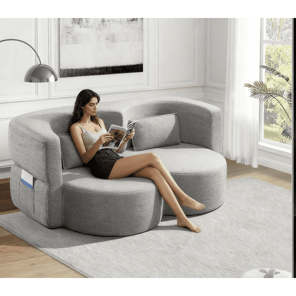 Folding sofa bed, floor sofa, convertible teddy bear fabric foam filled sleeper futon double sofa, suitable for living room, guest, office and apartment (gray)