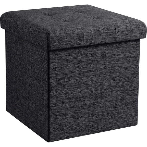 Folding storage footstool, 15inch storage cube with lid, suitable for bedroom, living room, entryway, upholstered in tufted linen fabric
