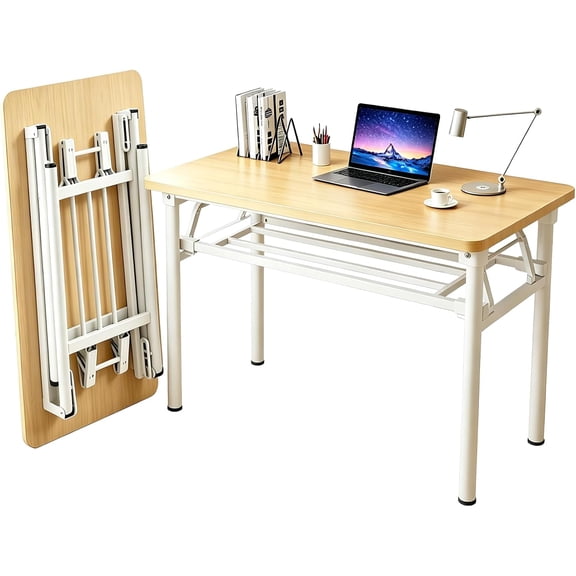 Folding table for small spaces31.5-inch foldable computer desk; no assembly required; space-saving, portable study desk suitable for compact home offices, bedrooms, dorms, and apartments.