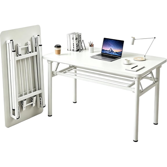 Folding table for small spaces, 31.5-inch foldable computer desk, no assembly required, space-saving portable study desk; suitable for compact home offices, bedrooms, dorms, and apartments; white.