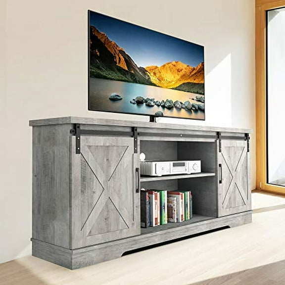 Foldlife Modern Farmhouse Sliding Barn Door TV Stand,TV Stand for 65" Television, 59" Entertainment Center TV Console, Home Living Room Storage Table with Movable Shelf
