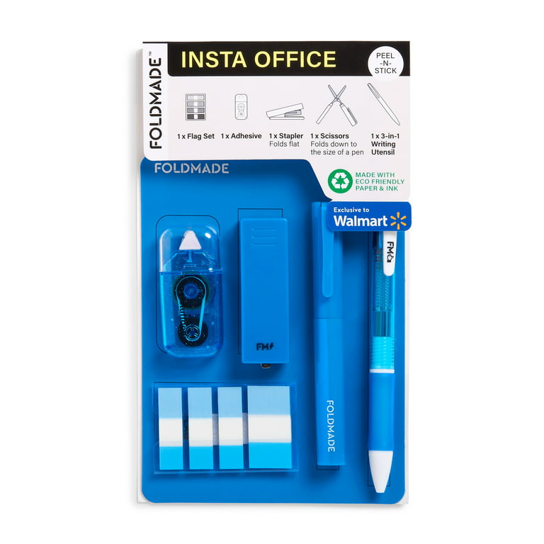 Foldmade™ Insta Mini 6 piece Office Supply Kit, 6” x 4.5”, Neon Blue,  Scissors, Stapler, Adhesive, Flag Tab Sticky Note Set, Multi-colored 3-in-1  Pen-Pencil, Peel -N-Stick holder 