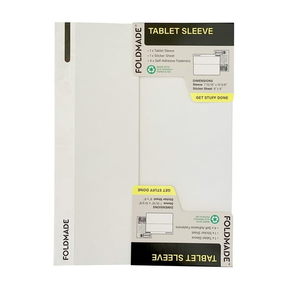 Foldmade Paperboard Tablet Sleeve - Snow White, Magnetic Closure, Water Resistant, Sticker Sheet