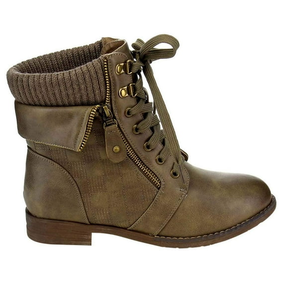 Foldover Lace Up Sweater Collar Stacked Ankle Booties Vegan Leather Women's - 10 / Black