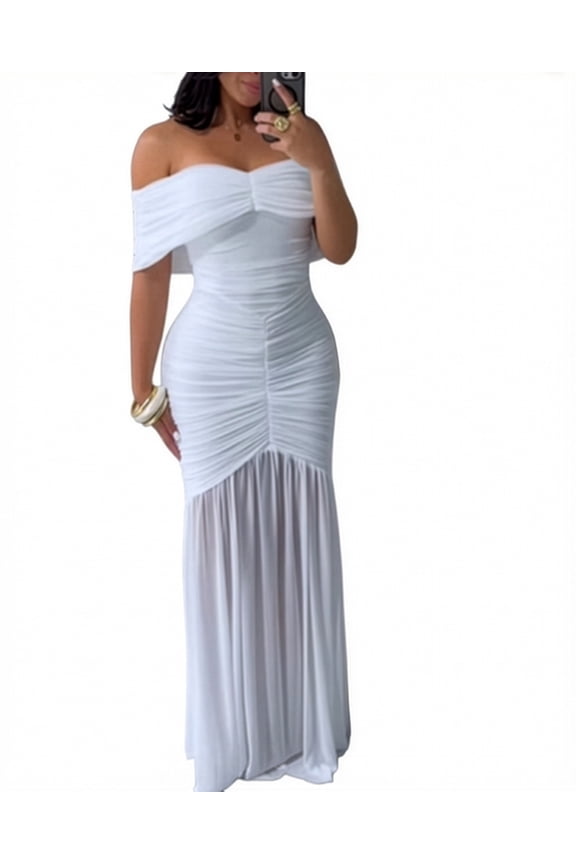 Foldover Off Shoulder Ruched Cinched Waist Minimalist Evening Dress Slim Fit Mermaid Hem Party Dress