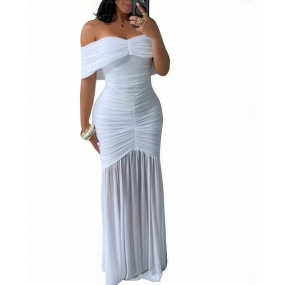 Foldover Off Shoulder Ruched Cinched Waist Minimalist Evening Dress Slim Fit Mermaid Hem Party Dress