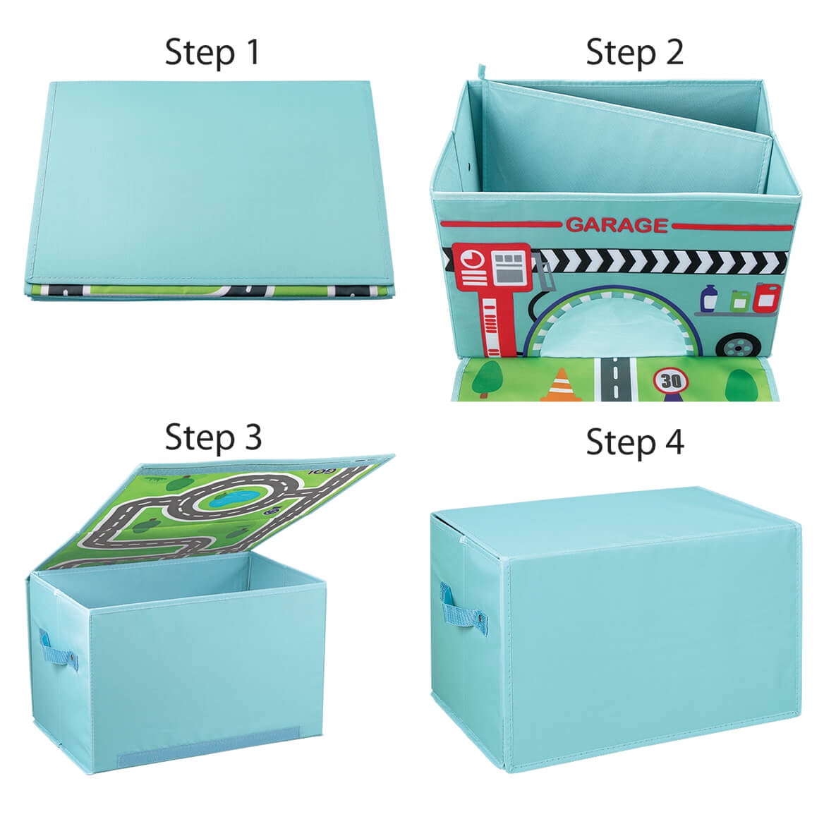 Foldover Toy Box with Play Mat, Blue Garage