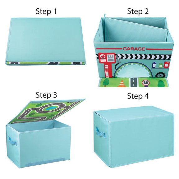 Foldover Toy Box with Play Mat, Blue Garage