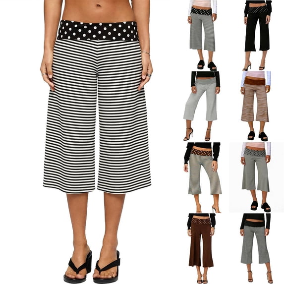 Foldover Waist Culottes for Women Low Rise Cropped Wide Leg Summer Casual Lounge Yoga Capri Pants Light Gray S