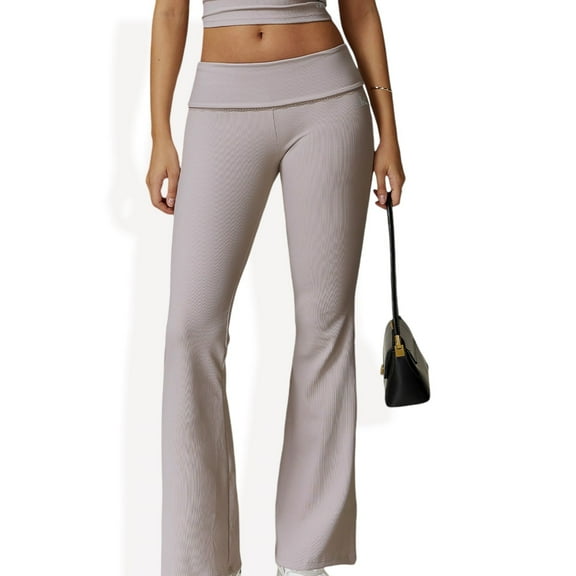 Foldover Waist Flare Leg Yoga Pants in Ribbed Knit - Large, Beige