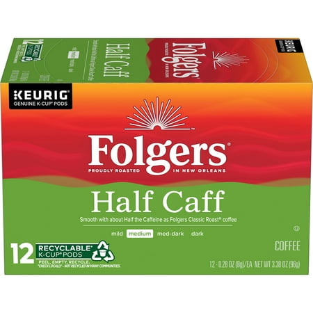 Folgers 1/2 Caff Coffee, Medium Roast Coffee, Keurig K-Cup Pods, 12 Count Box