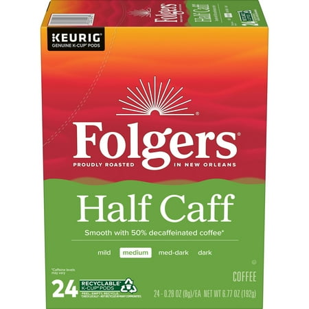 Folgers 1/2 Caff Coffee, Medium Roast Coffee, Keurig K Cup Pods, 24 Count Box