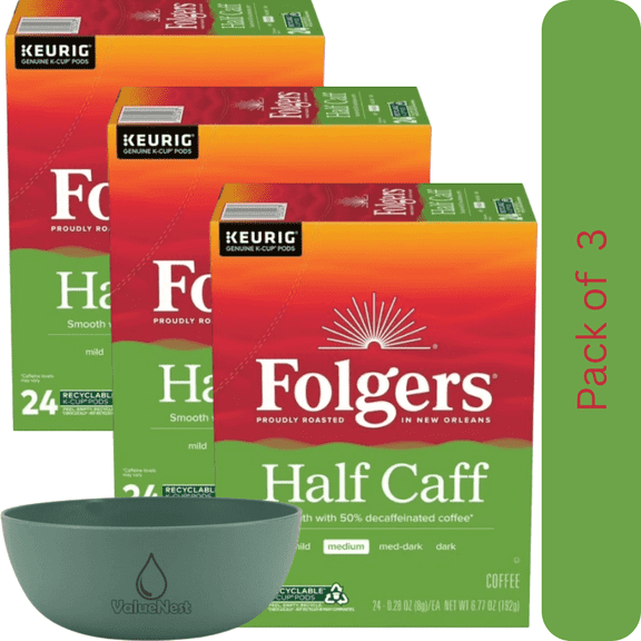 Folgers 1/2 Caff Medium Roast Coffee K-Cup Pods 24 Count Box Pack of 3 with Bowl by Value Nest