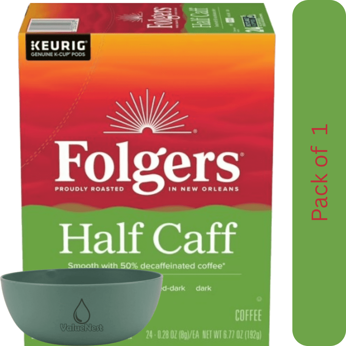 Folgers 1/2 Caff Medium Roast Coffee K-Cup Pods 24 Count Box with Bowl by Value Nest