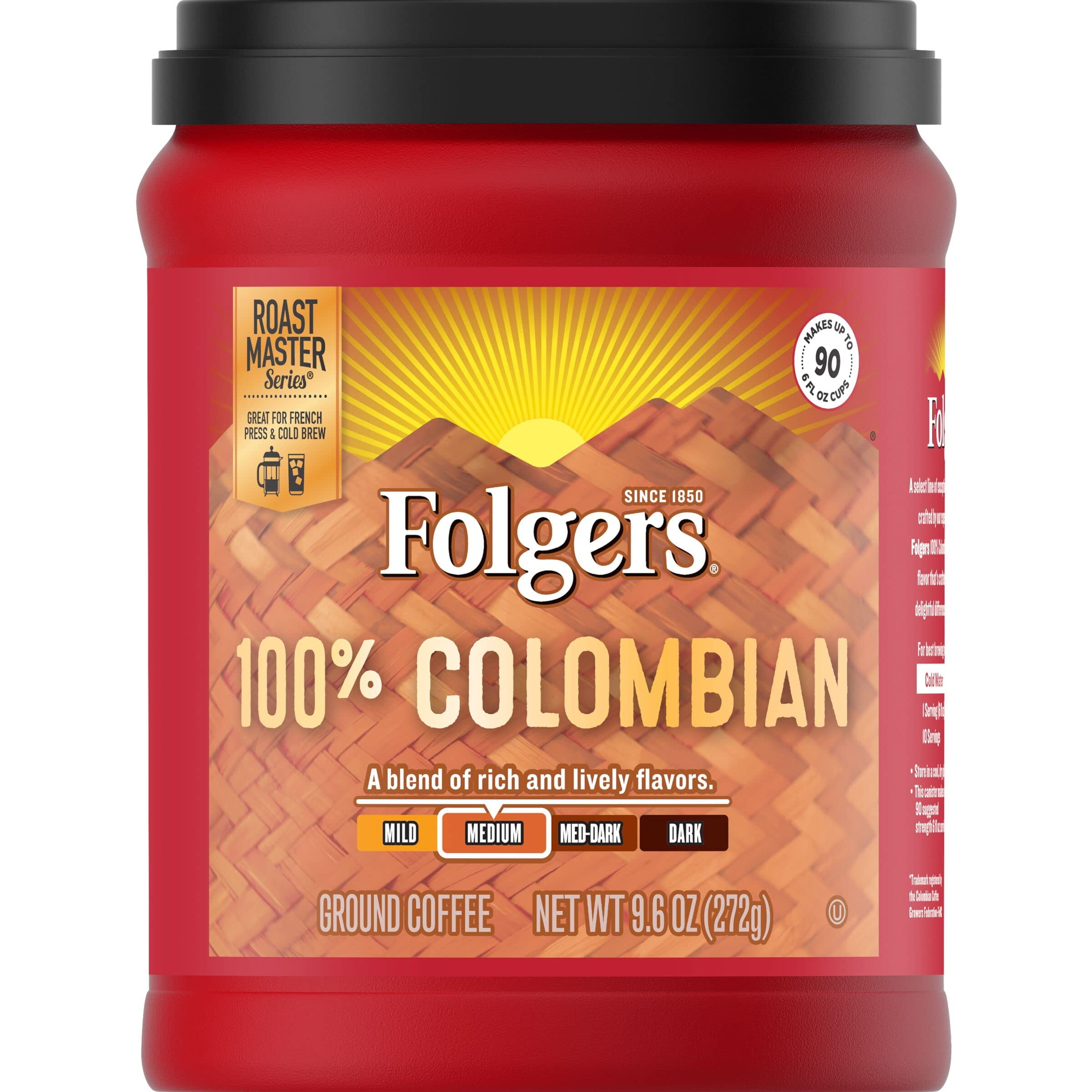 Folgers 100 Colombian Coffee, Medium Roast Ground Coffee 9.6 Ounce