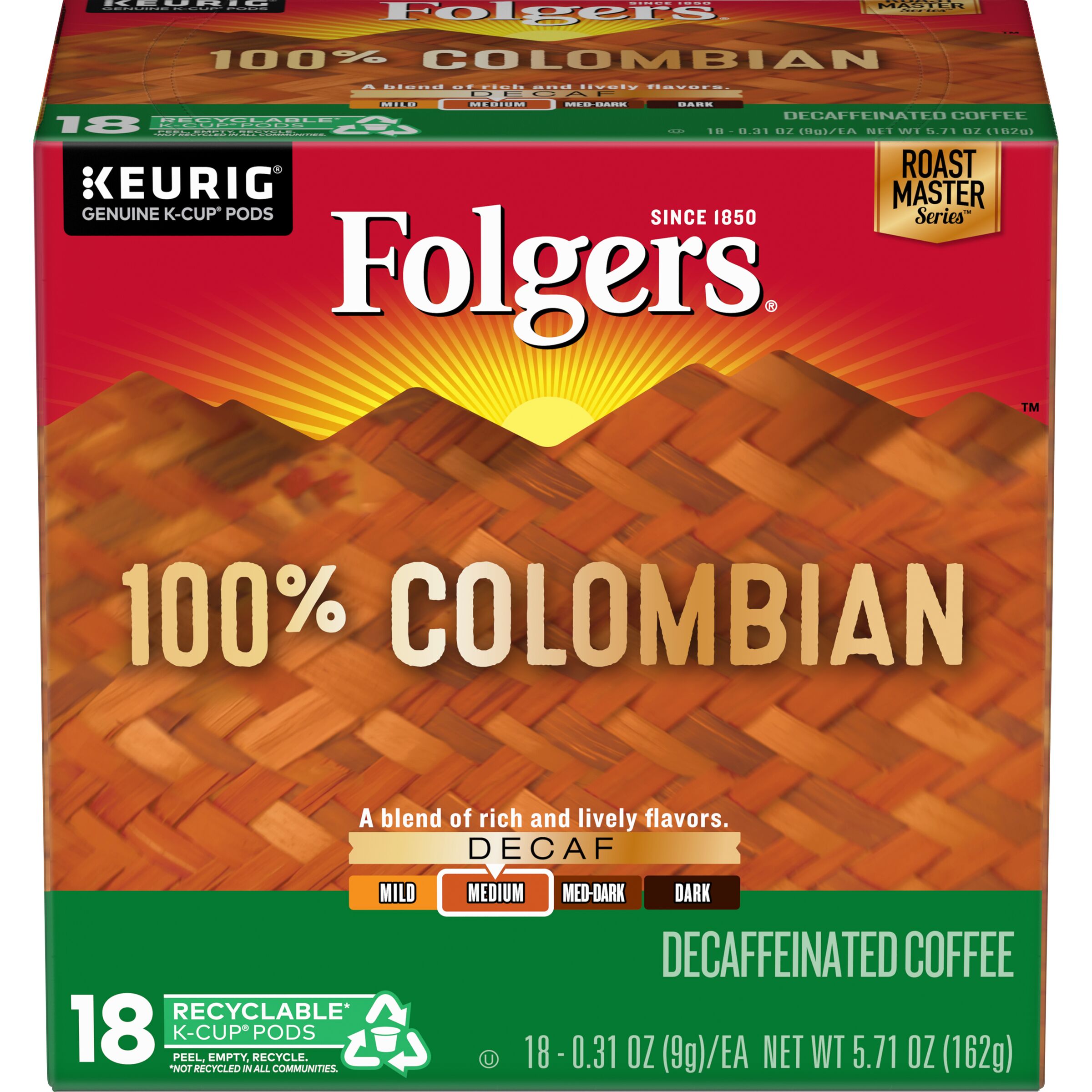 Folgers 100% Colombian Decaf Coffee, Medium-Dark Roast, K-Cup Pods for Keurig K-Cup Brewers, 18-Count - image 1 of 5