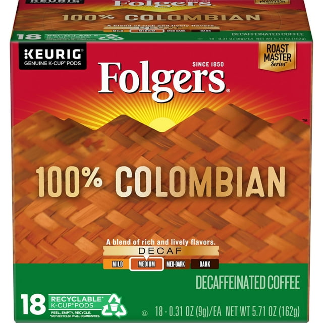 Folgers 100% Colombian Decaf Coffee, Medium-Dark Roast, K-Cup Pods for Keurig K-Cup Brewers, 18-Count