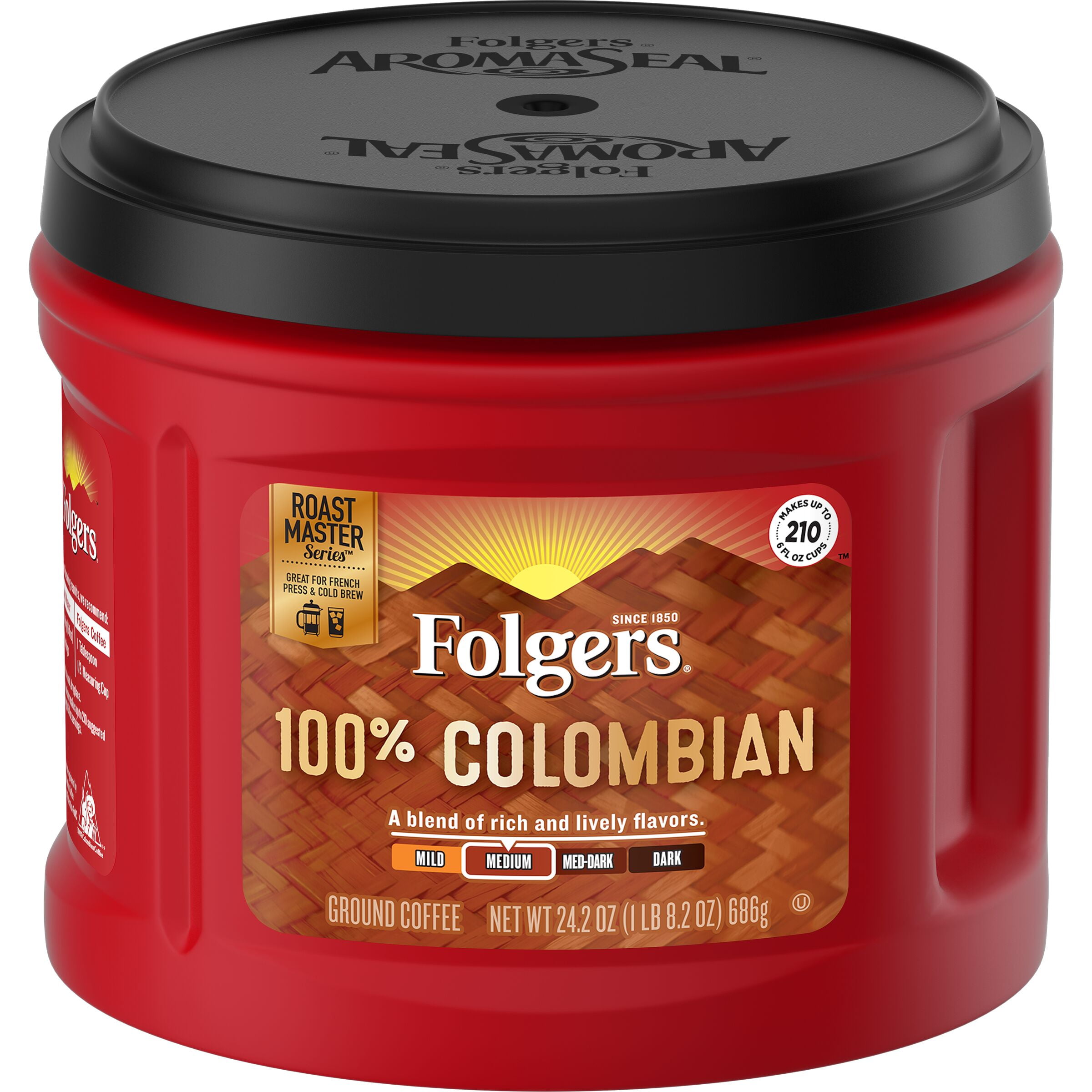 Folgers 100 Colombian, MediumDark Roast Ground Coffee, 24.2Ounce