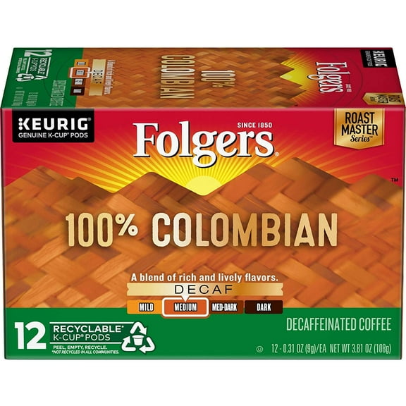 Folgers 100% Columbian, Decaffeinated, Medium, K-Cup Pods For For Keurig Brewers, 12 Count, Packaging May Vary