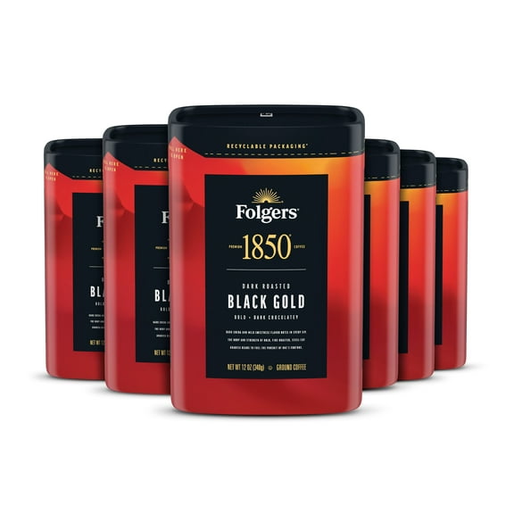 (6 pack) Folgers 1850 Black Gold Dark Roast Coffee, 12 oz Recyclable Canister