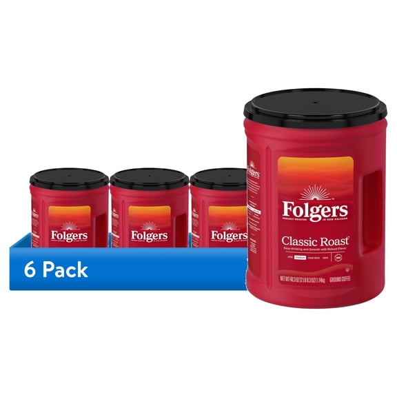 (6 pack) Folgers Classic Roast Ground Coffee, Medium Roast, 40.3 oz Canister