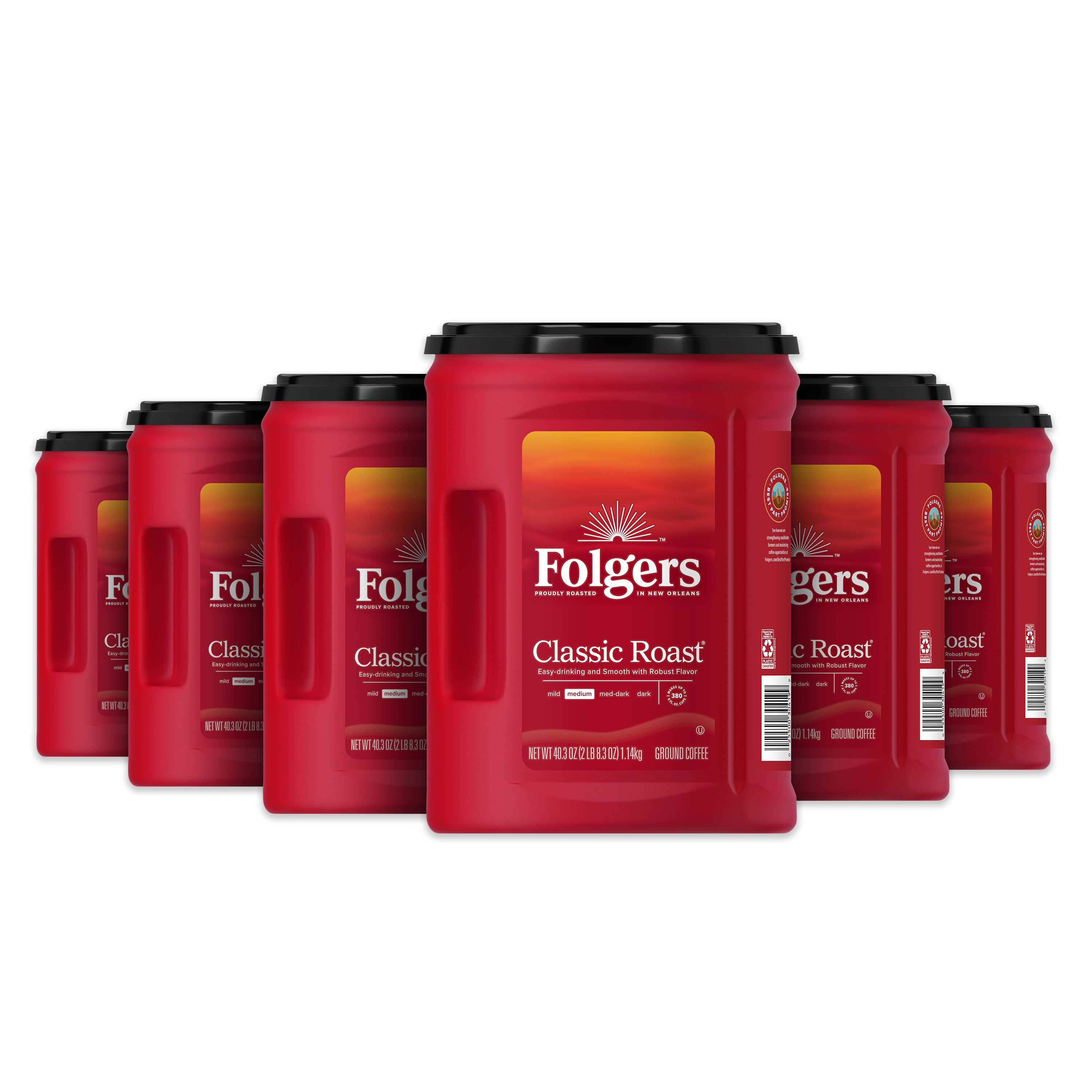 (6 pack) Folgers Classic Roast Ground Coffee, Medium Roast, 40.3 oz Canister
