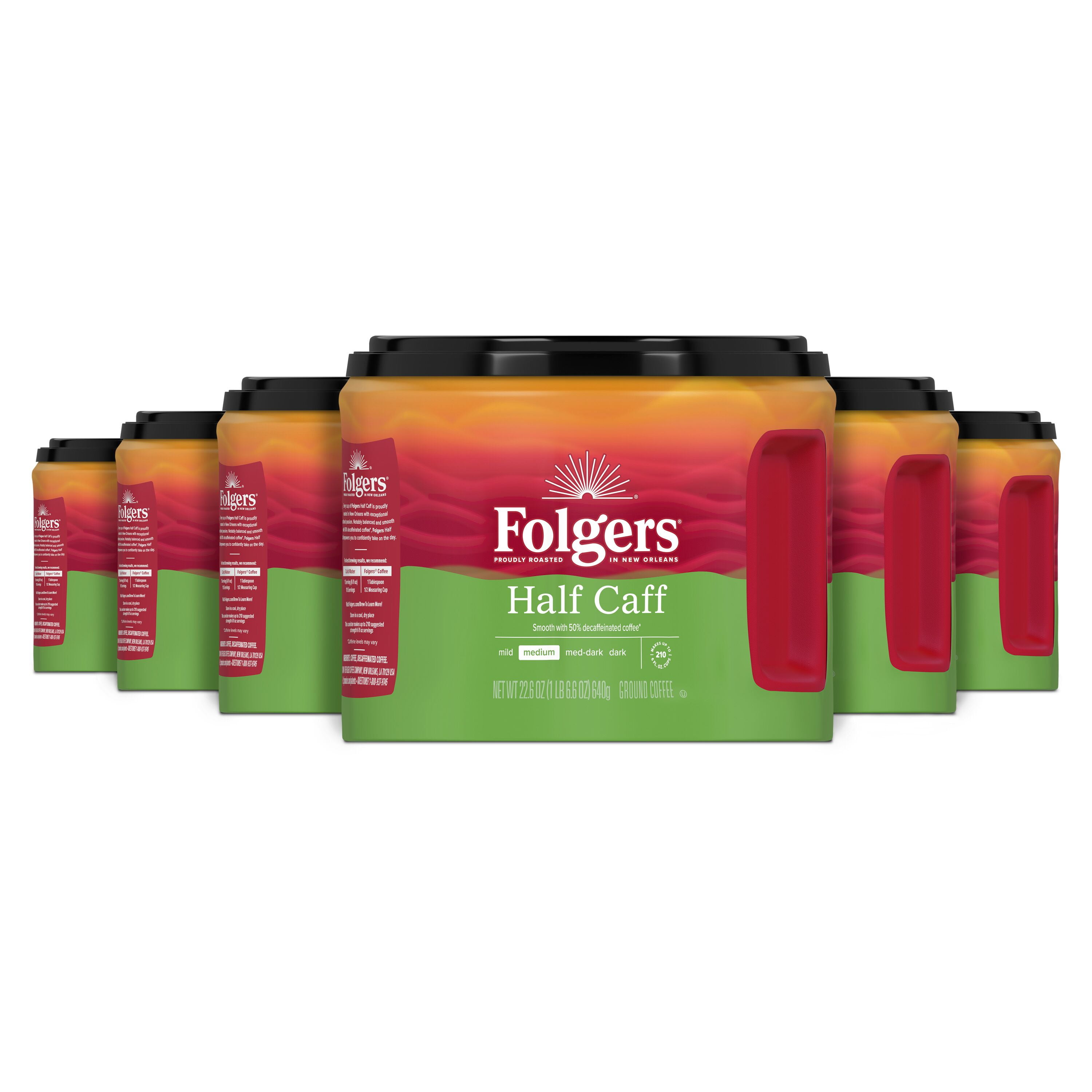 (6 pack) Folgers Half Caff Medium Roast Coffee, 22.6 oz Canister