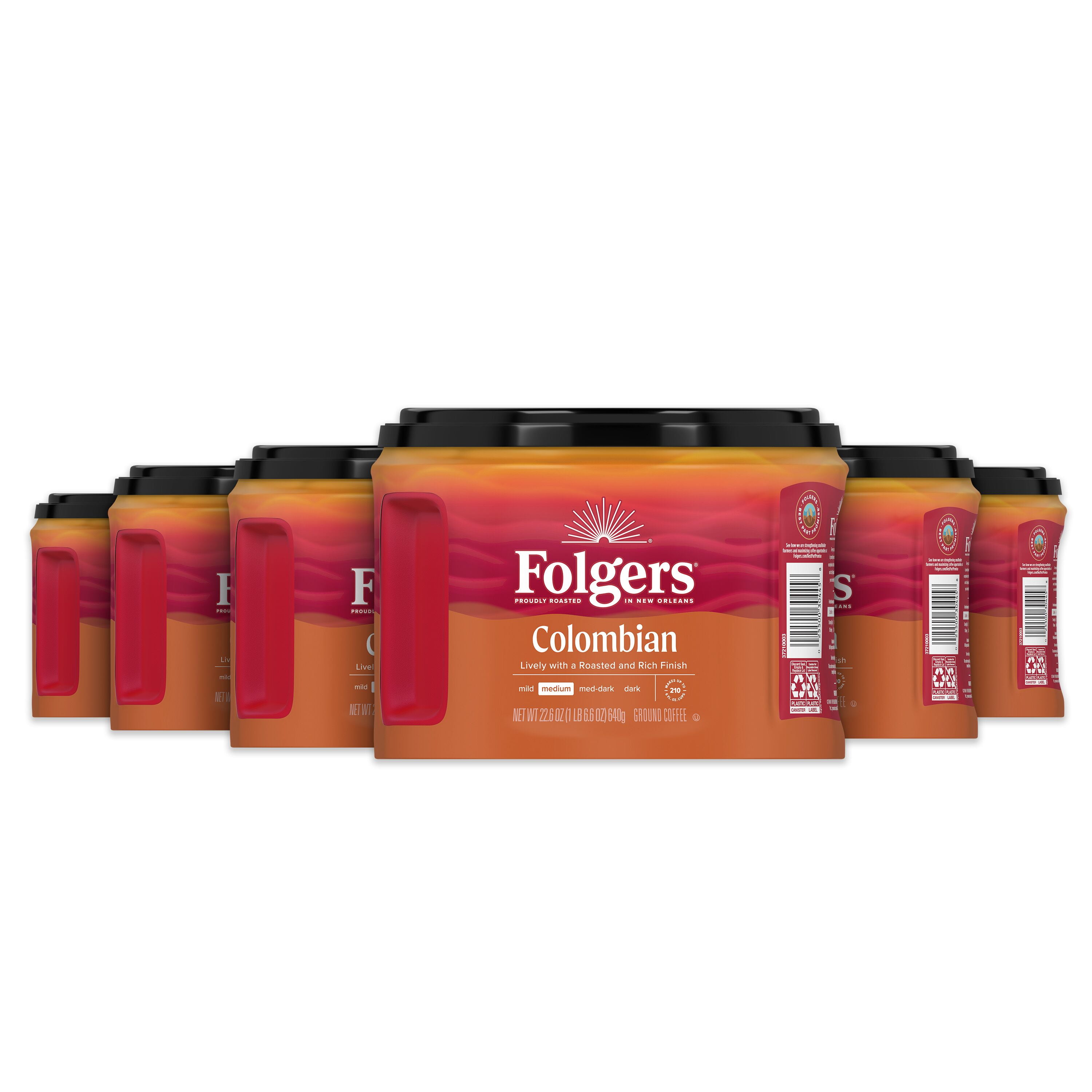 (6 pack) Folgers Colombian Ground Coffee, Medium Roast, 22.6 oz Canister