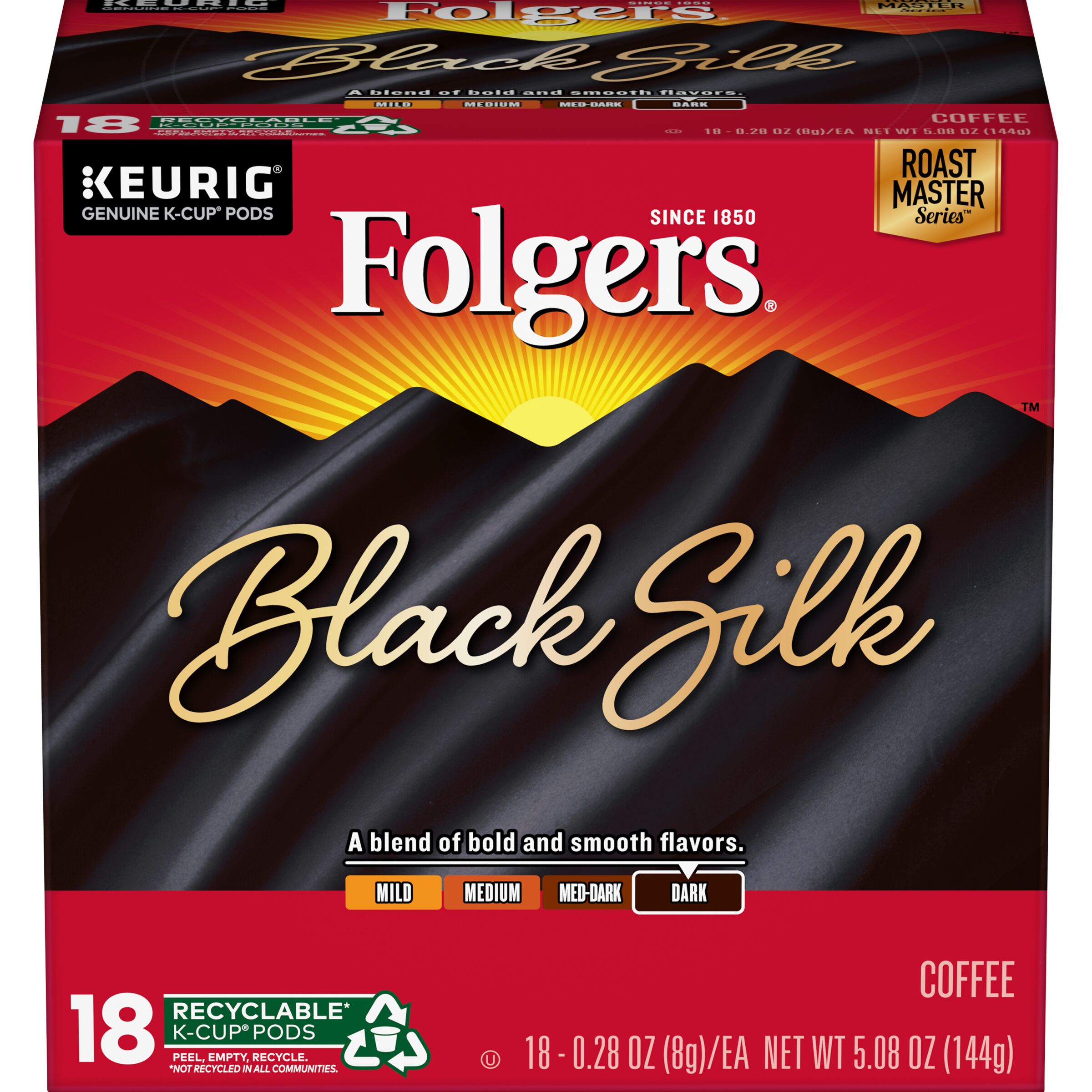 Folgers Black Silk Coffee, Dark Roast, K-Cup Pods for Keurig K-Cup Brewers, 18 Count - image 1 of 5