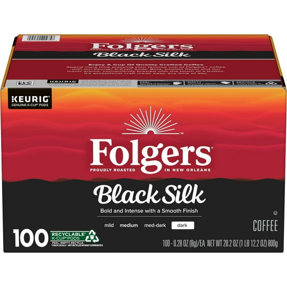 Folgers Black Silk, Dark Roast Coffee, Keurig K-Cup Pods, 100 Count Box