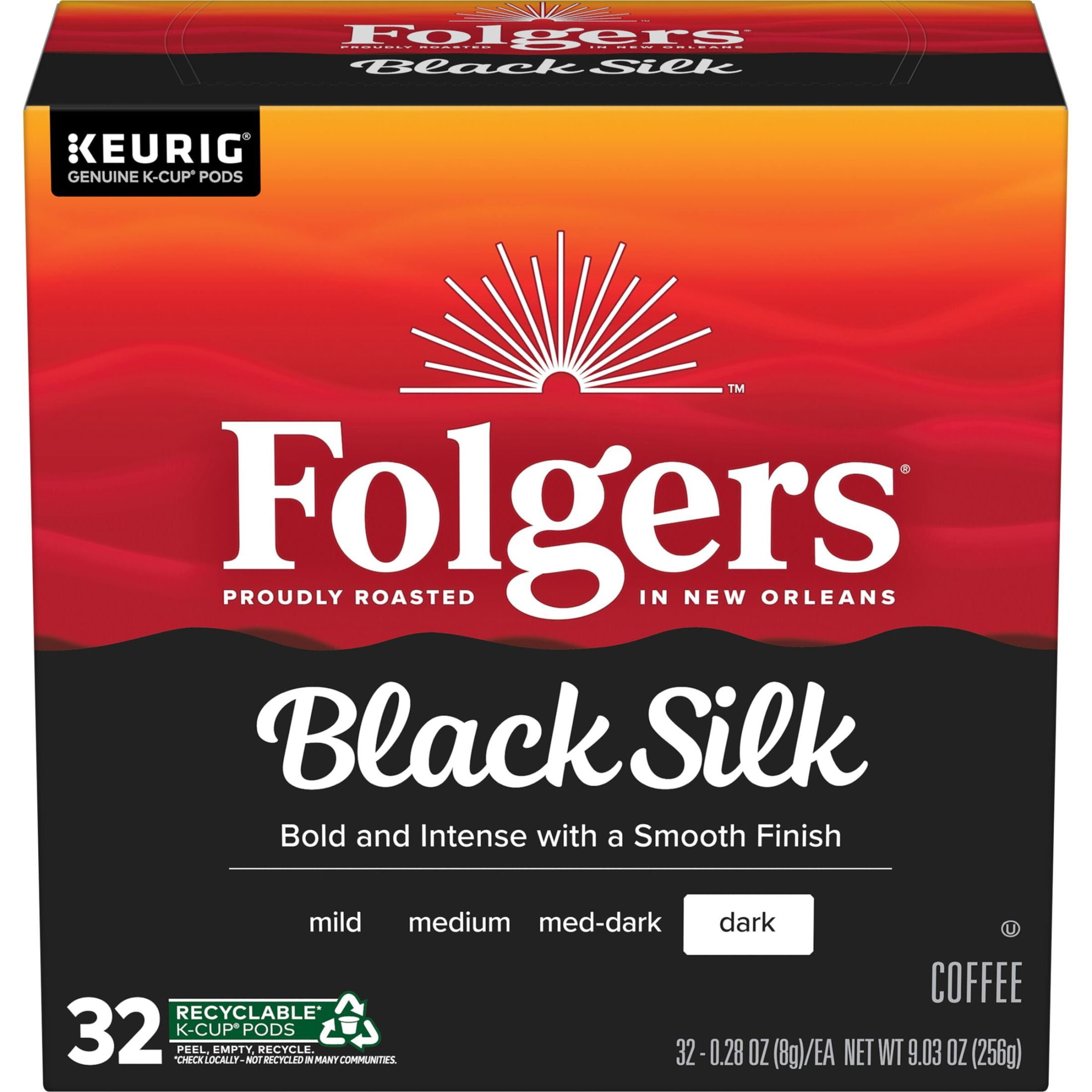 Folgers Black Silk Dark Roast Coffee, Keurig K Cup Pods, 32 Count Box