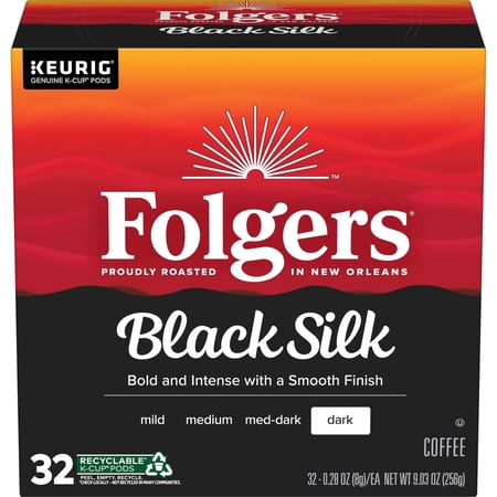Folgers Black Silk Dark Roast Coffee, Keurig K Cup Pods, 32 Count Box