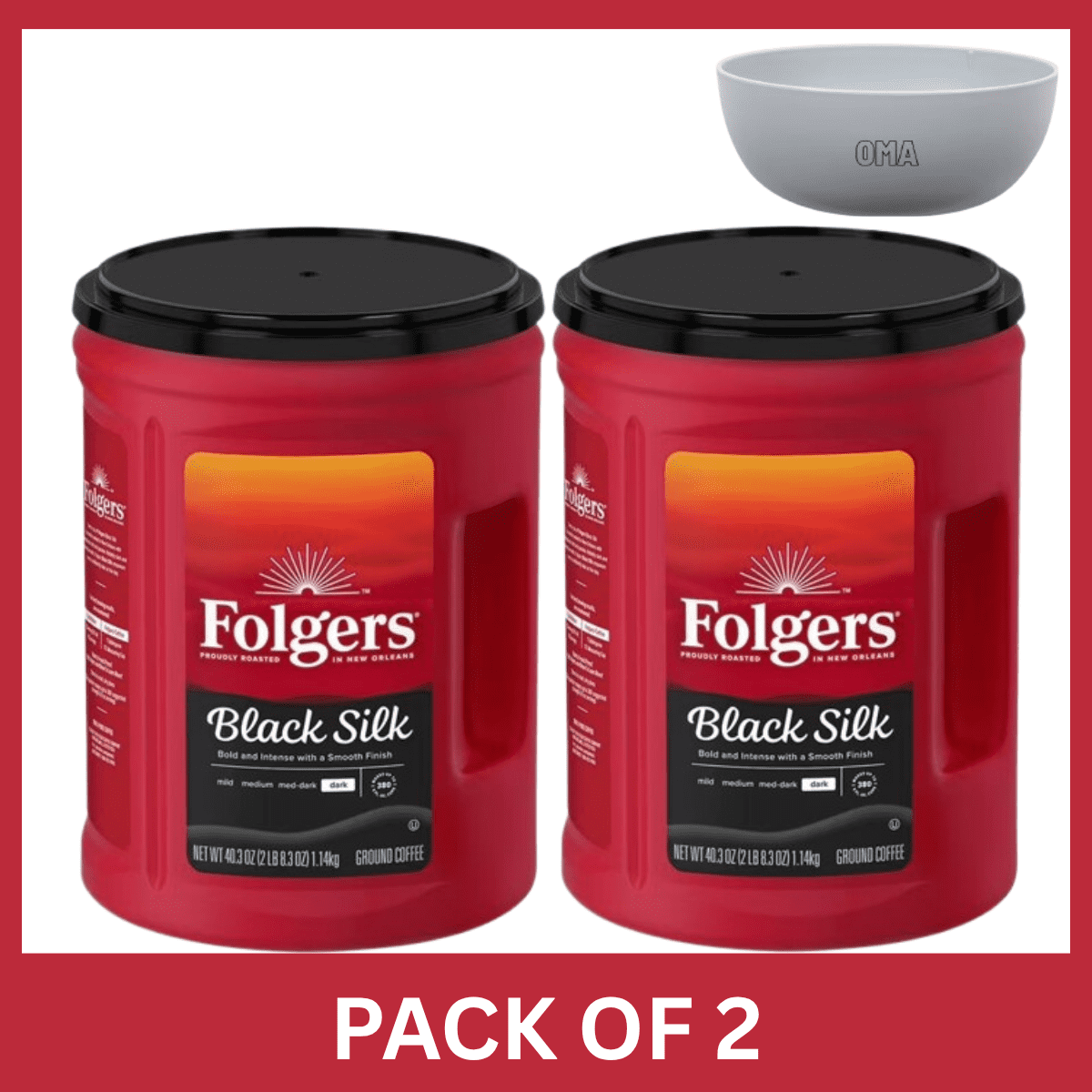 Folgers Black Silk Dark Roast Ground Coffee, 40.3 oz Pack of 2 with Serving Bowl by OMA