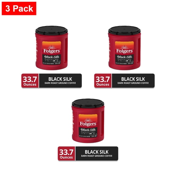 Folgers Black Silk Ground Coffee, Smooth Dark Roast Coffee 33.7 oz - 3 Pack