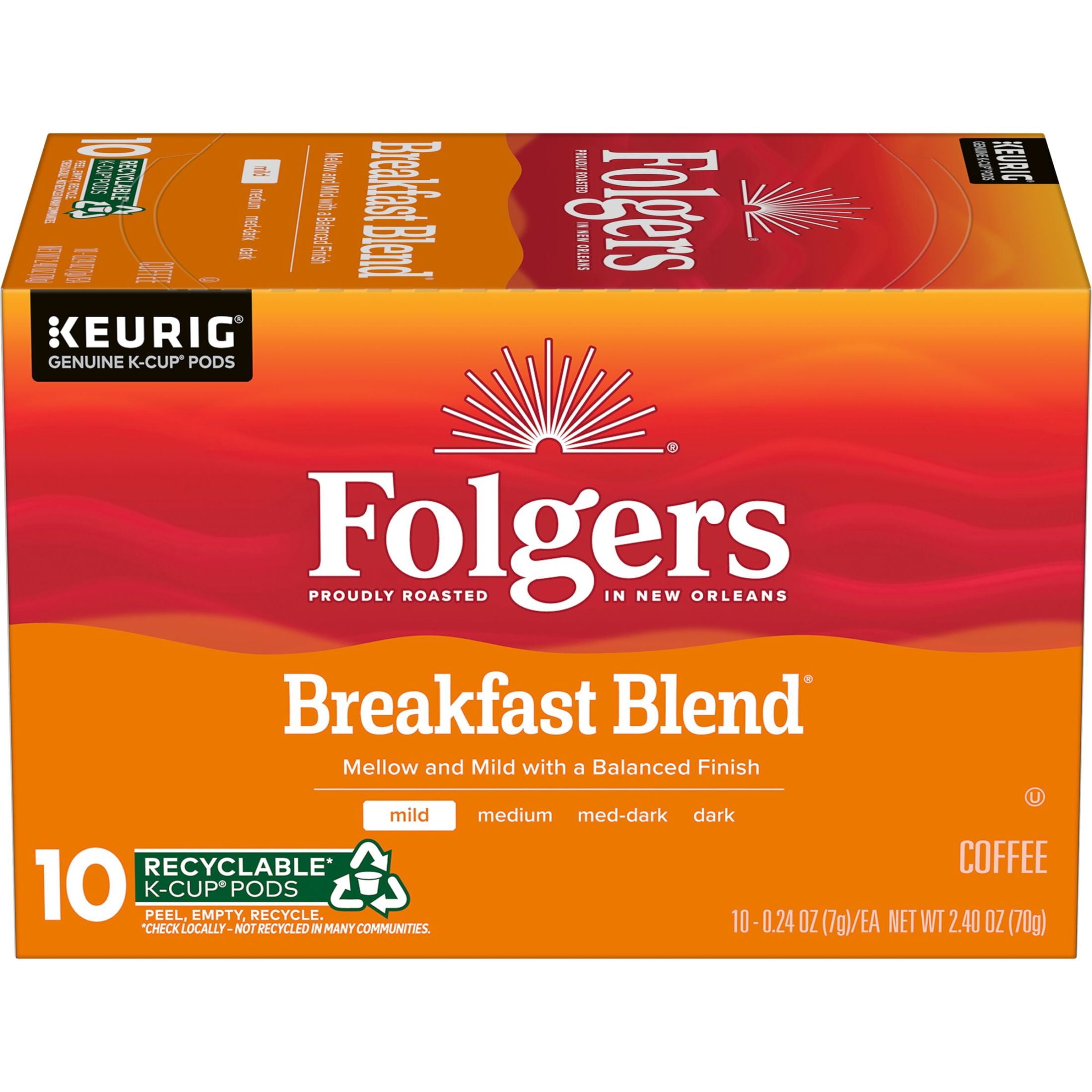 Folgers Breakfast Blend Coffee, Mild Roast, Keurig K Cup Pods, 10 Count ...
