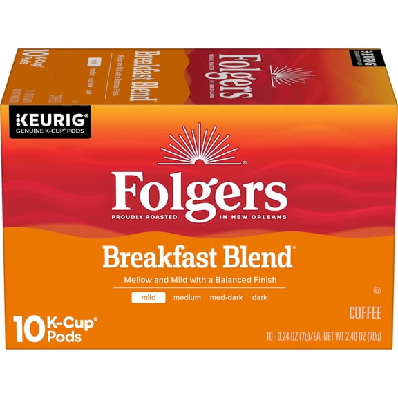 Folgers Breakfast Blend Coffee, Mild Roast, Keurig K Cup Pods, 10 Count