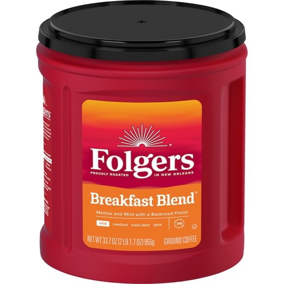 Folgers Breakfast Blend Ground Coffee, Smooth & Mild Coffee, 33.7 oz Canister
