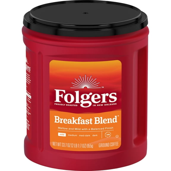 Folgers Breakfast Blend Ground Coffee, Smooth & Mild Coffee, 33.7 oz Canister