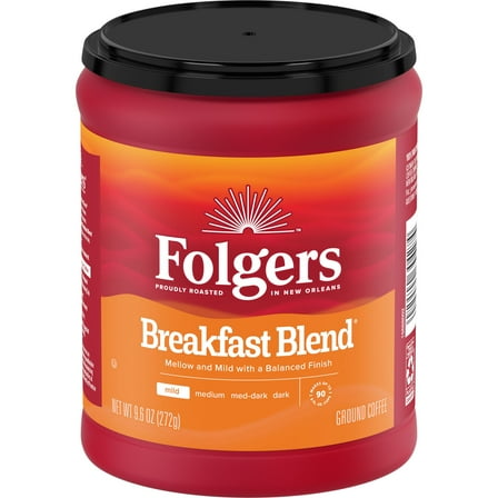 Folgers Breakfast Blend Ground Coffee, Smooth & Mild Coffee, 9.6 Ounce Canister