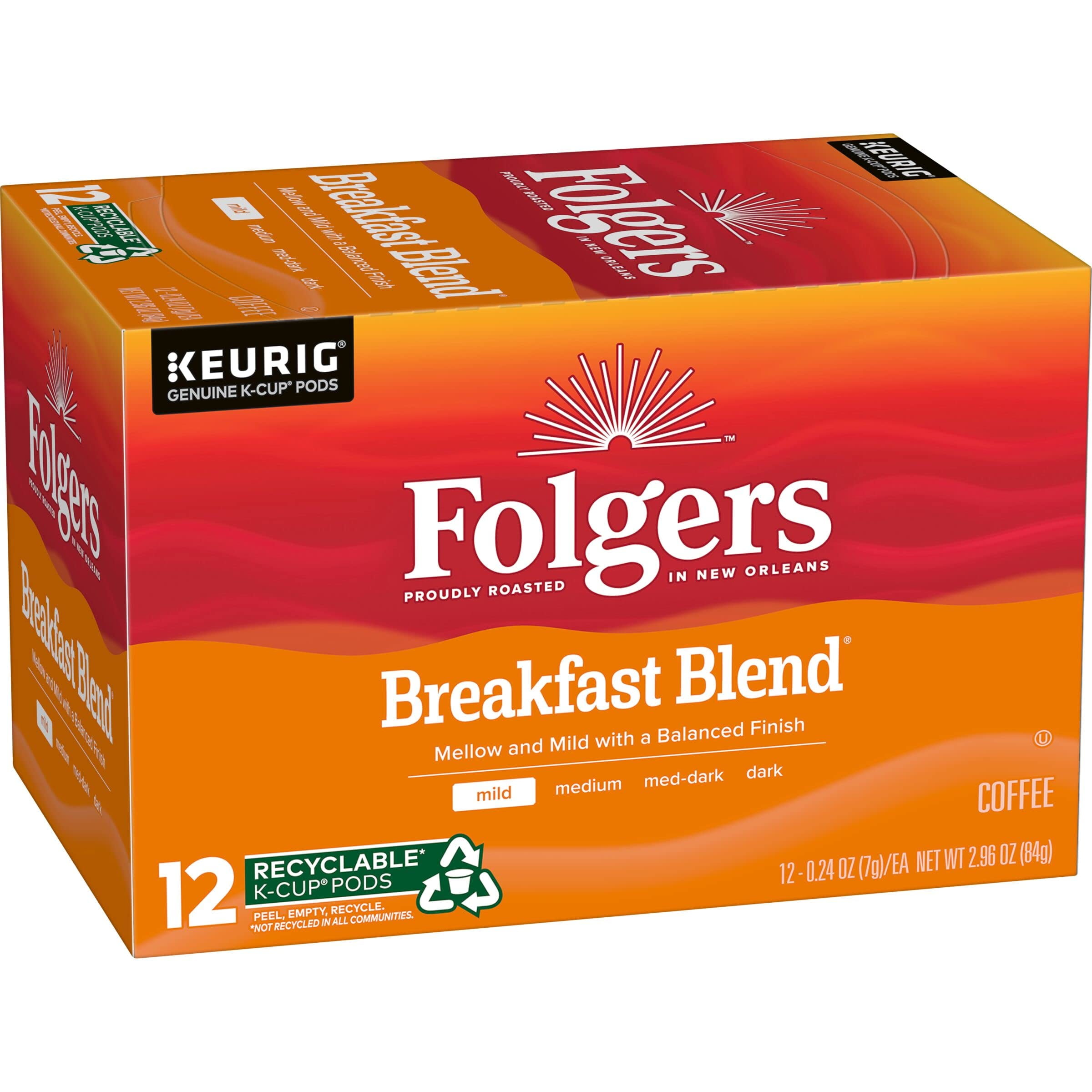 Folgers Breakfast Blend Keurig K-Cup Pods, Mild Roast Coffee, 12 Count