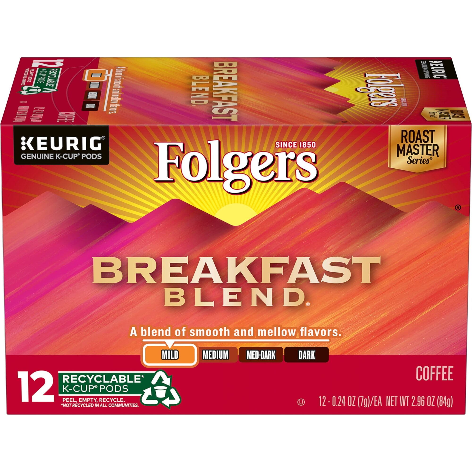 Folgers Breakfast Blend Keurig k-Cup Pods Mild Roast Coffee 12 Count (Pack of 6)