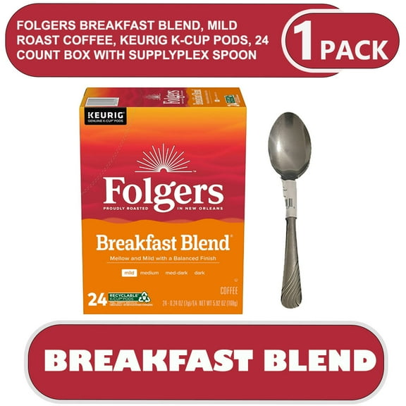 Folgers Breakfast Blend, Mild Roast Coffee, Keurig K-Cup Pods, 24 Count Box with supplyplex spoon