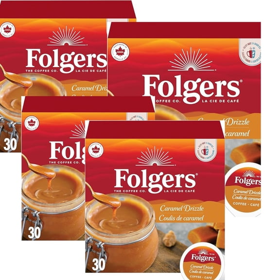 Folgers Caramel Drizzle Flavoured Light Roast Coffee PODS 120 COUNT ( 4 PACK )
